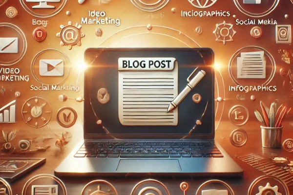 DALL·E 2025-02-15 21.56.50 - A modern digital content marketing concept image. The image includes a laptop with a blog post being written, surrounded by icons representing video m